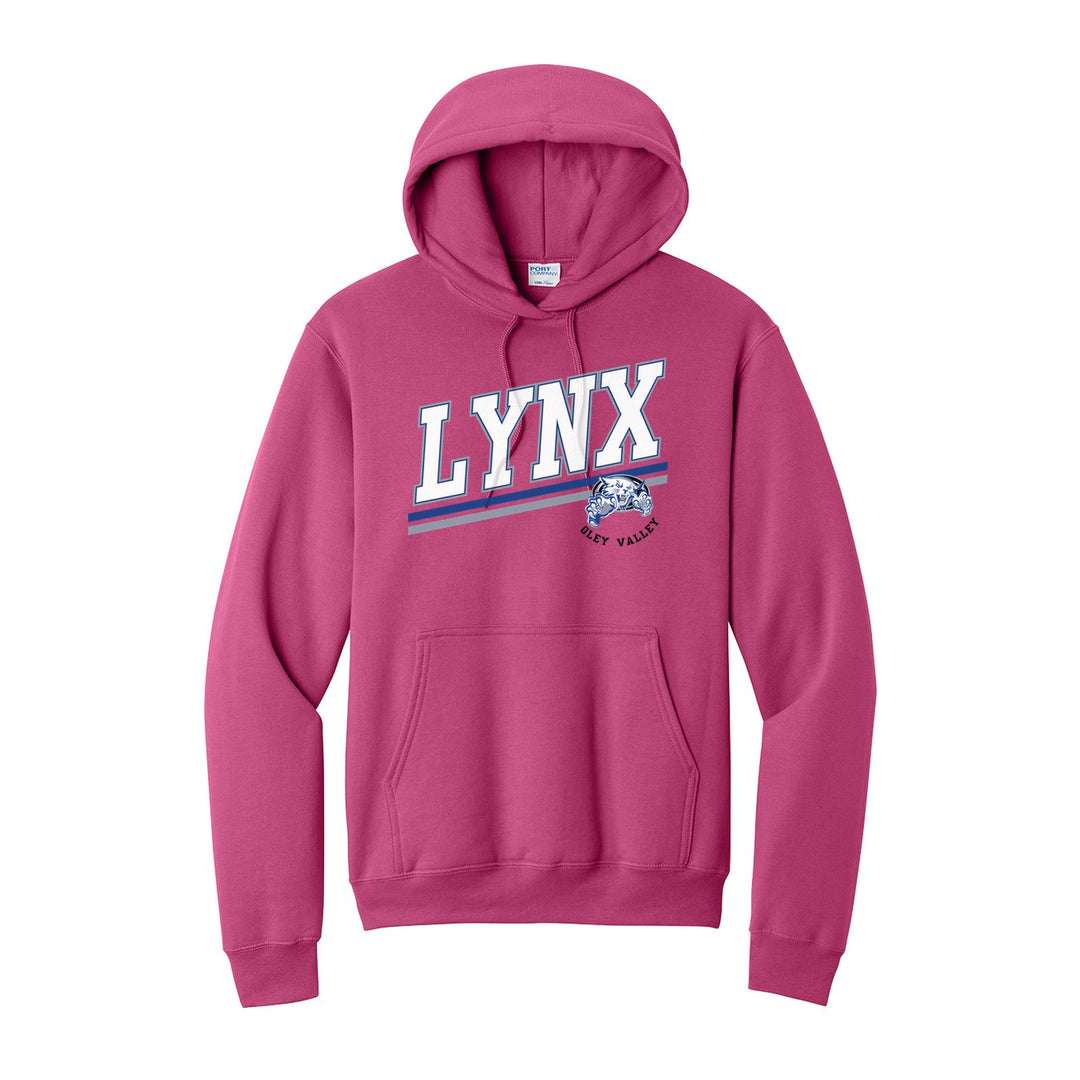 Oley Valley Lynx Slanted Stripe hoodie in Sangria: bold varsity LYNX lettering over a slanted double stripe, with a small lynx mascot badge and Oley Valley