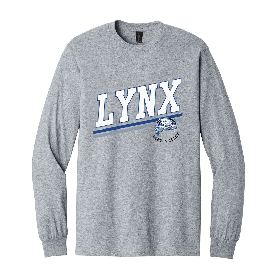 Oley Valley Lynx Slanted Stripe long sleeve t-shirt in Sport Grey: bold varsity LYNX lettering over a slanted double stripe, with a small lynx mascot badge and Oley Valley