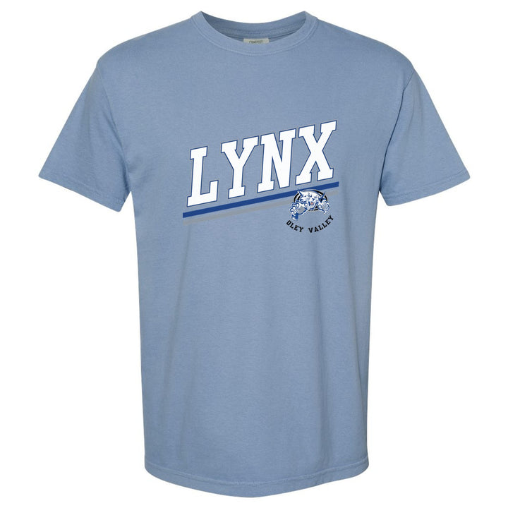Oley Valley Lynx Slanted Stripe comfort colors t-shirt in Washed Denim: bold varsity LYNX lettering over a slanted double stripe, with a small lynx mascot badge and Oley Valley