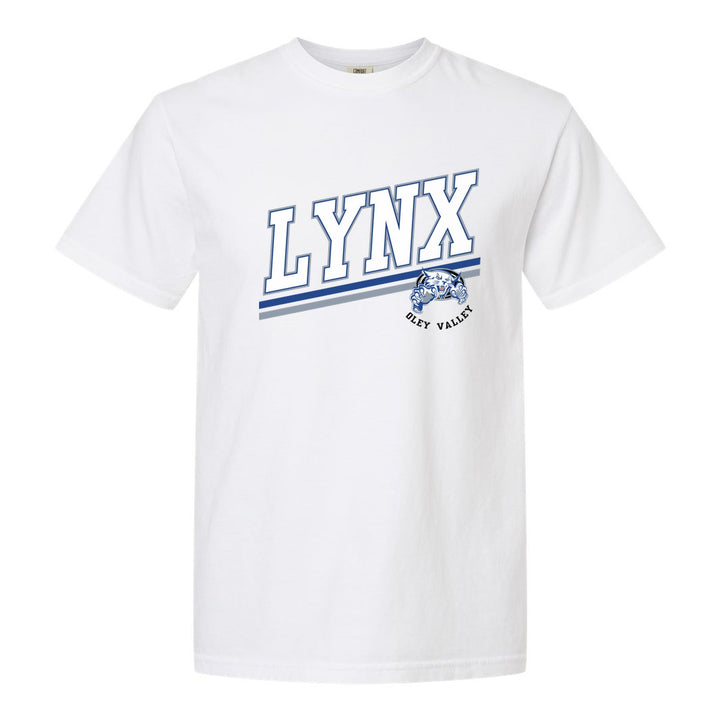 Oley Valley Lynx Slanted Stripe comfort colors t-shirt in White: bold varsity LYNX lettering over a slanted double stripe, with a small lynx mascot badge and Oley Valley