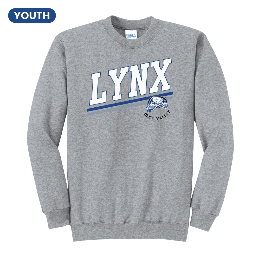 Oley Valley Lynx Slanted Stripe youth crewneck sweatshirt in Athletic Heather: bold varsity LYNX lettering over a slanted double stripe, with a small lynx mascot badge and Oley Valley