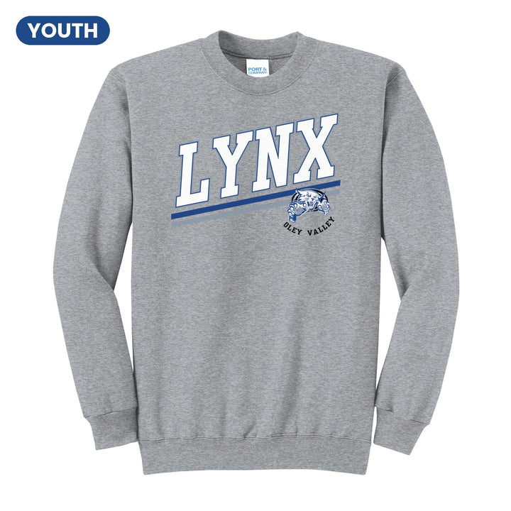 Oley Valley Lynx Slanted Stripe youth crewneck sweatshirt in Athletic Heather: bold varsity LYNX lettering over a slanted double stripe, with a small lynx mascot badge and Oley Valley