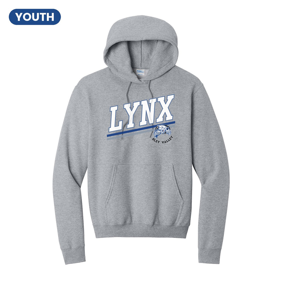 Oley Valley Lynx Slanted Stripe youth hoodie in Athletic Heather: bold varsity LYNX lettering over a slanted double stripe, with a small lynx mascot badge and Oley Valley