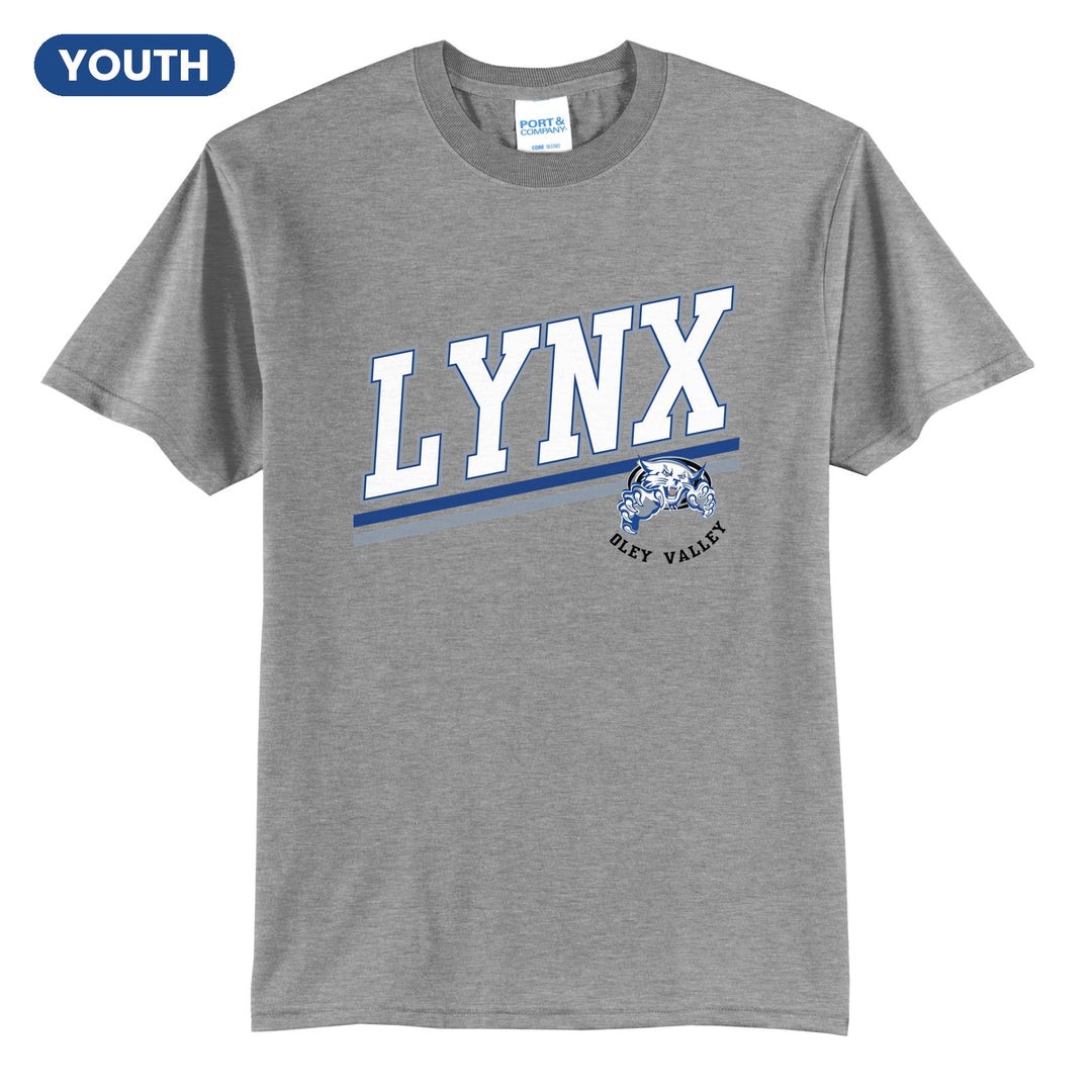 Oley Valley Lynx Slanted Stripe youth t-shirt in Athletic Heather: bold varsity LYNX lettering over a slanted double stripe, with a small lynx mascot badge and Oley Valley