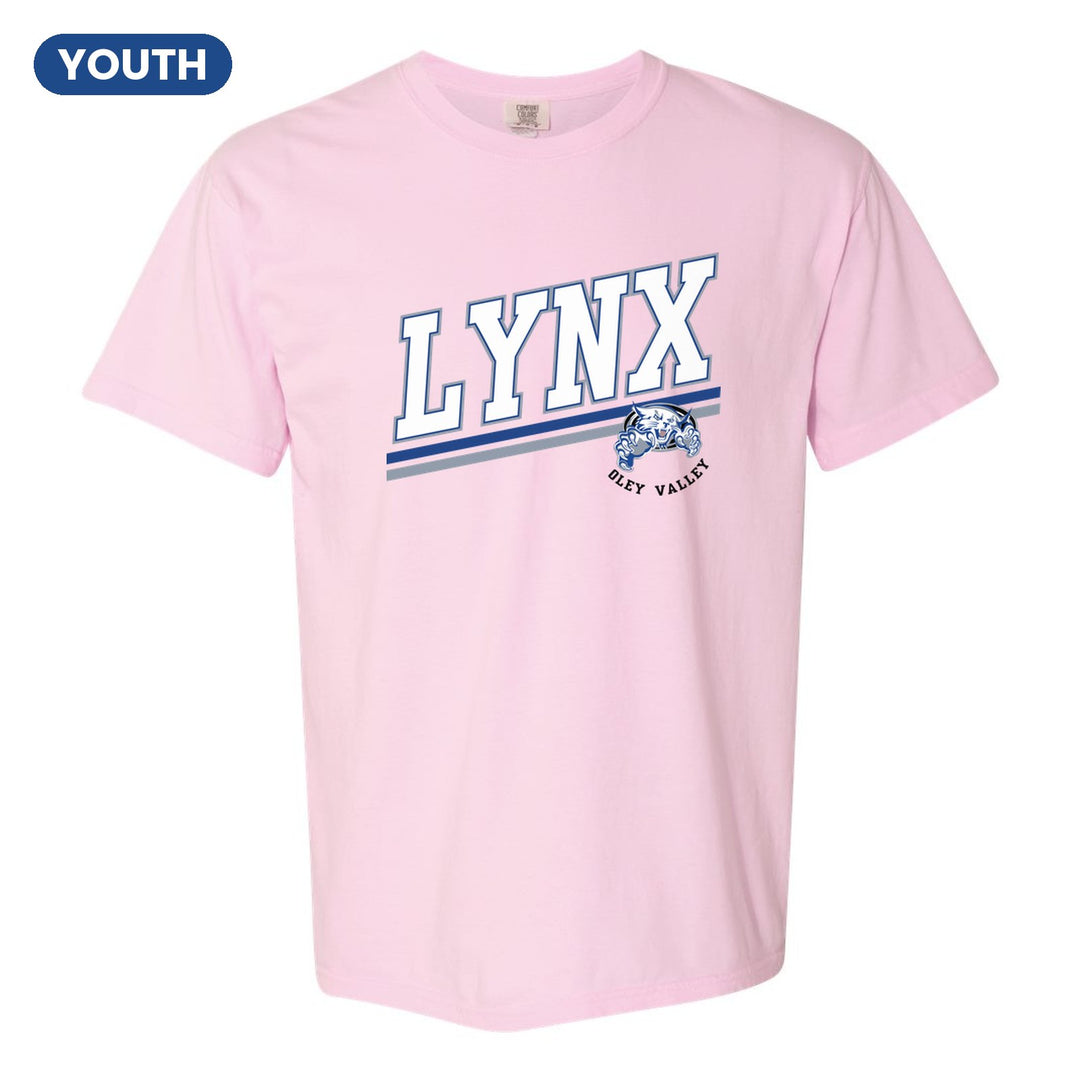 Oley Valley Lynx Slanted Stripe youth comfort colors t-shirt in Blossom: bold varsity LYNX lettering over a slanted double stripe, with a small lynx mascot badge and Oley Valley