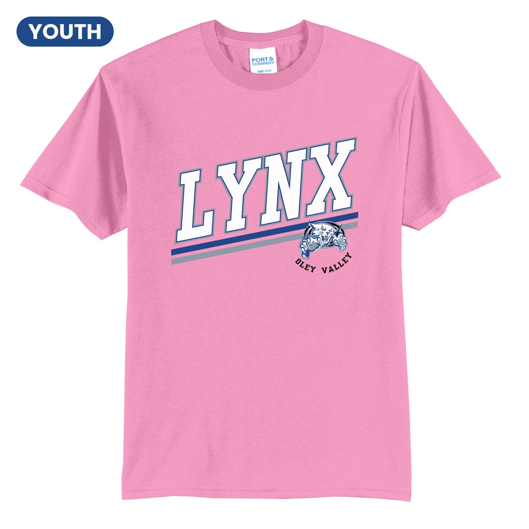 Oley Valley Lynx Slanted Stripe youth t-shirt in Candy Pink: bold varsity LYNX lettering over a slanted double stripe, with a small lynx mascot badge and Oley Valley