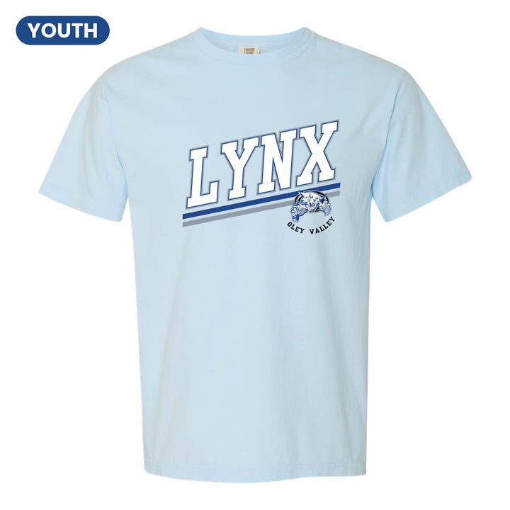Oley Valley Lynx Slanted Stripe youth comfort colors t-shirt in Chambray: bold varsity LYNX lettering over a slanted double stripe, with a small lynx mascot badge and Oley Valley