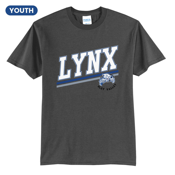 Oley Valley Lynx Slanted Stripe youth t-shirt in Charcoal: bold varsity LYNX lettering over a slanted double stripe, with a small lynx mascot badge and Oley Valley