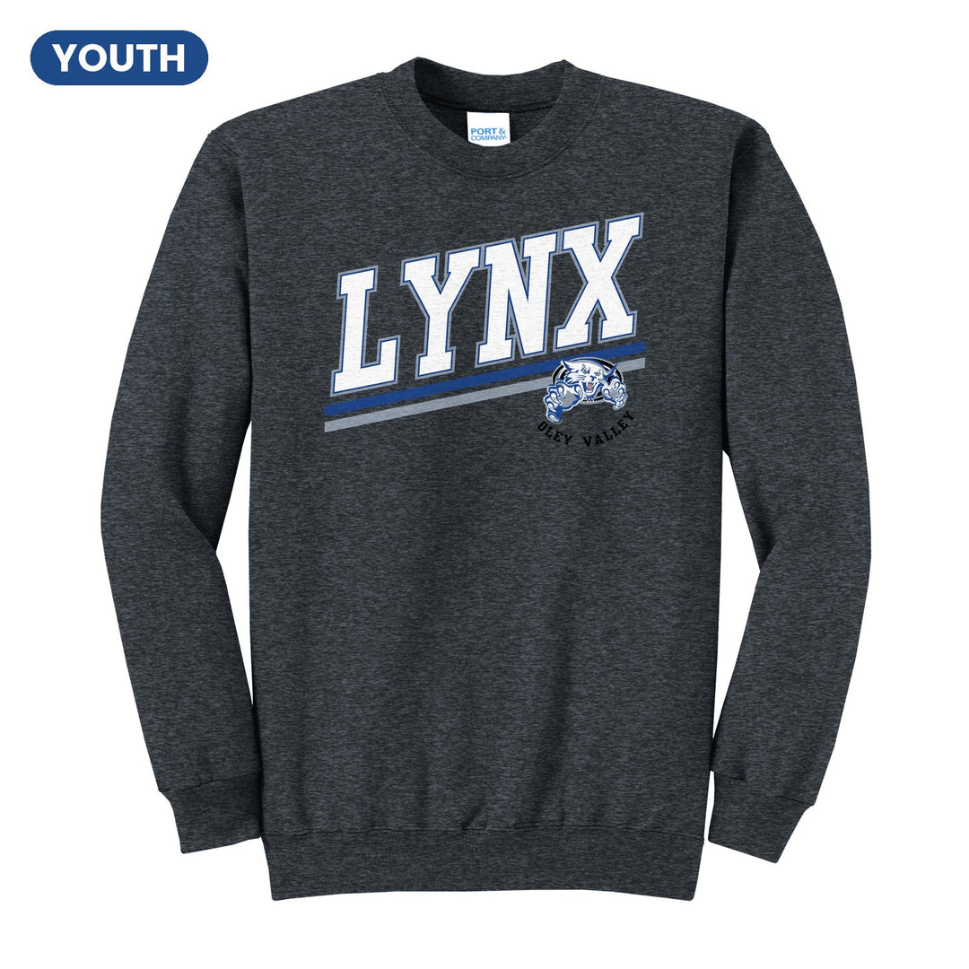 Oley Valley Lynx Slanted Stripe youth crewneck sweatshirt in Dark Heather Grey: bold varsity LYNX lettering over a slanted double stripe, with a small lynx mascot badge and Oley Valley