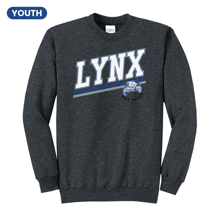 Oley Valley Lynx Slanted Stripe youth crewneck sweatshirt in Dark Heather Grey: bold varsity LYNX lettering over a slanted double stripe, with a small lynx mascot badge and Oley Valley