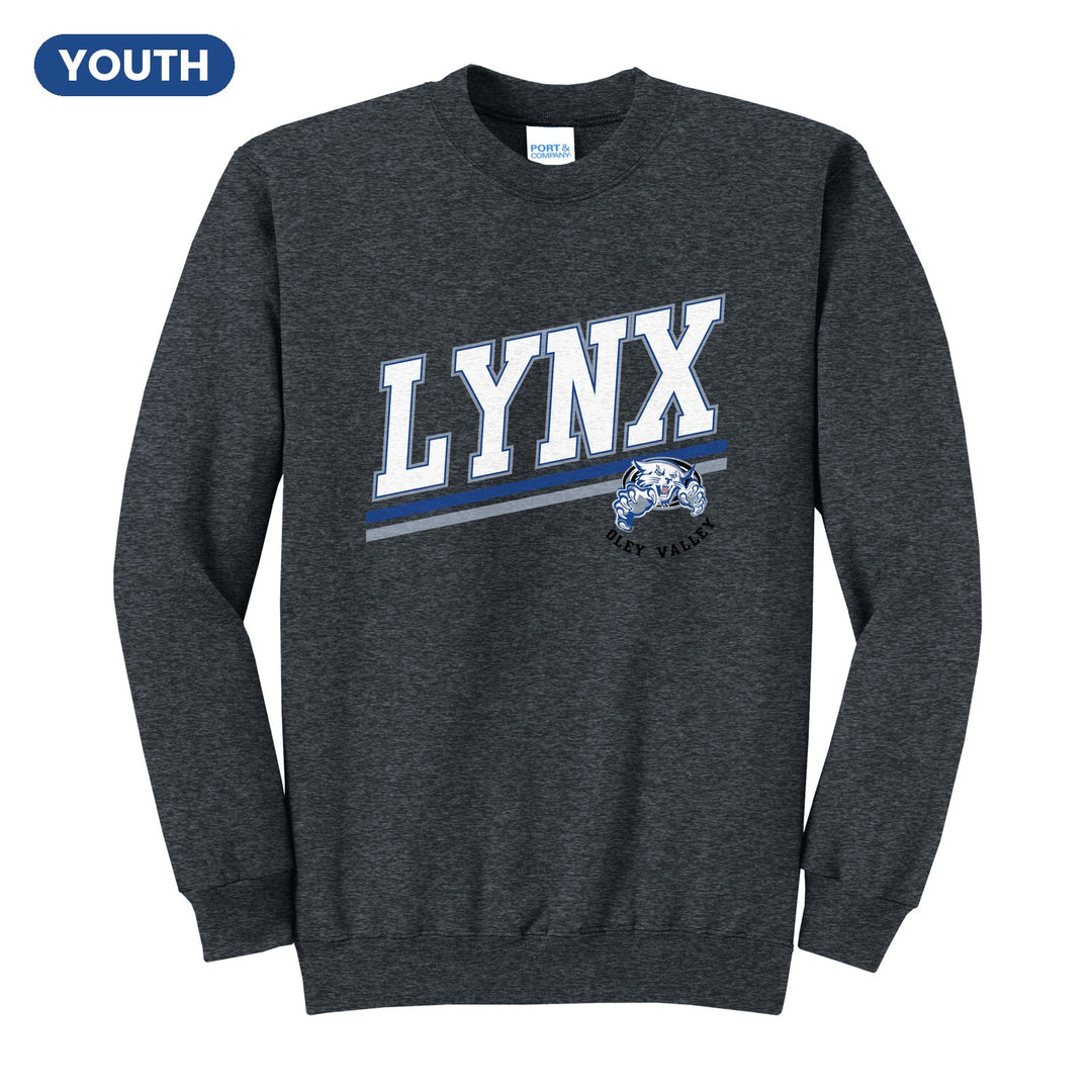 Oley Valley Lynx Slanted Stripe youth crewneck sweatshirt in Dark Heather Grey: bold varsity LYNX lettering over a slanted double stripe, with a small lynx mascot badge and Oley Valley