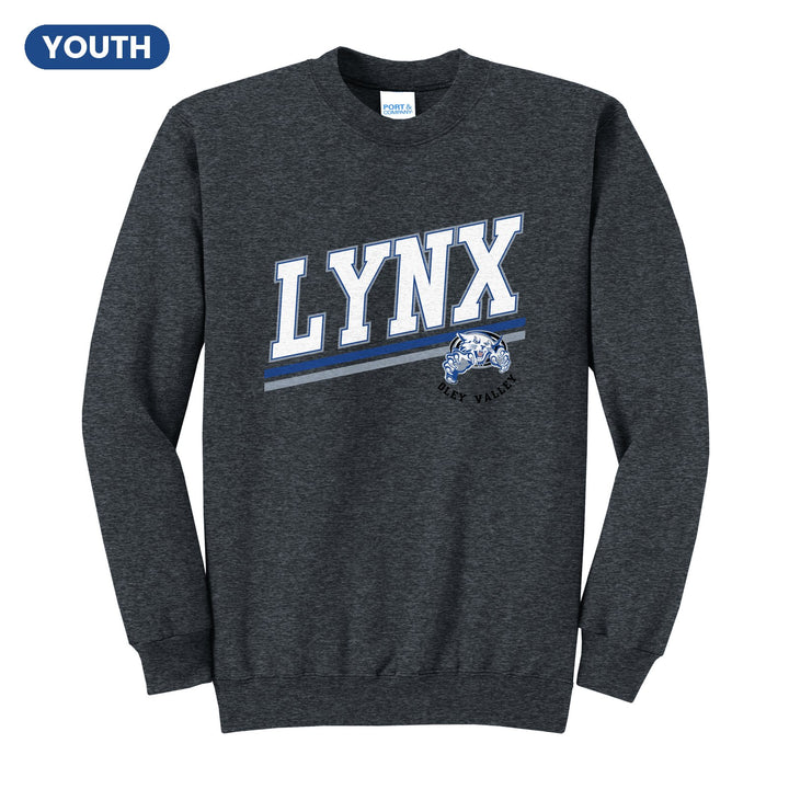 Oley Valley Lynx Slanted Stripe youth crewneck sweatshirt in Dark Heather Grey: bold varsity LYNX lettering over a slanted double stripe, with a small lynx mascot badge and Oley Valley