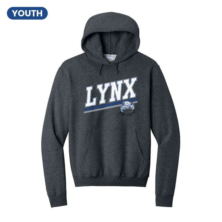 Oley Valley Lynx Slanted Stripe youth hoodie in Dark Heather Grey: bold varsity LYNX lettering over a slanted double stripe, with a small lynx mascot badge and Oley Valley