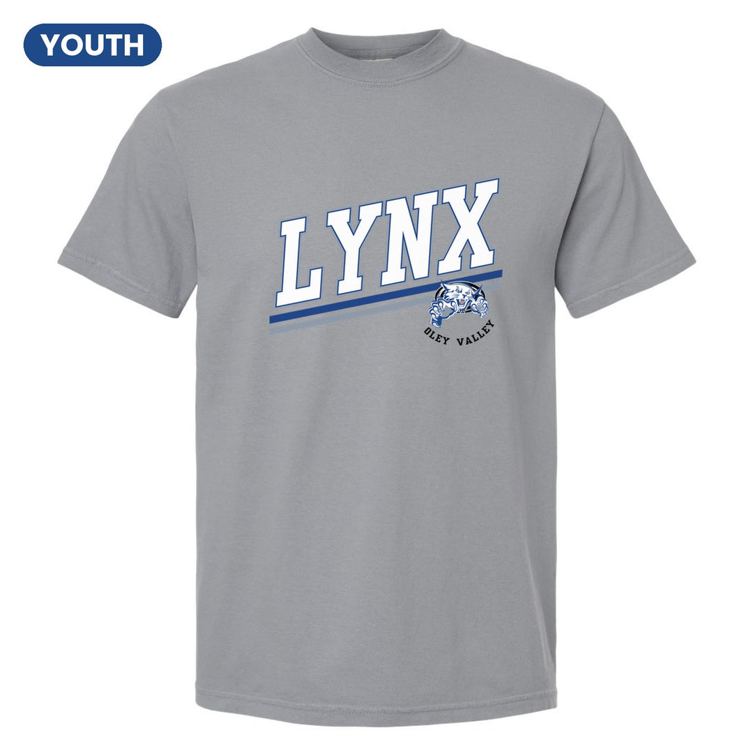Oley Valley Lynx Slanted Stripe youth comfort colors t-shirt in Granite: bold varsity LYNX lettering over a slanted double stripe, with a small lynx mascot badge and Oley Valley