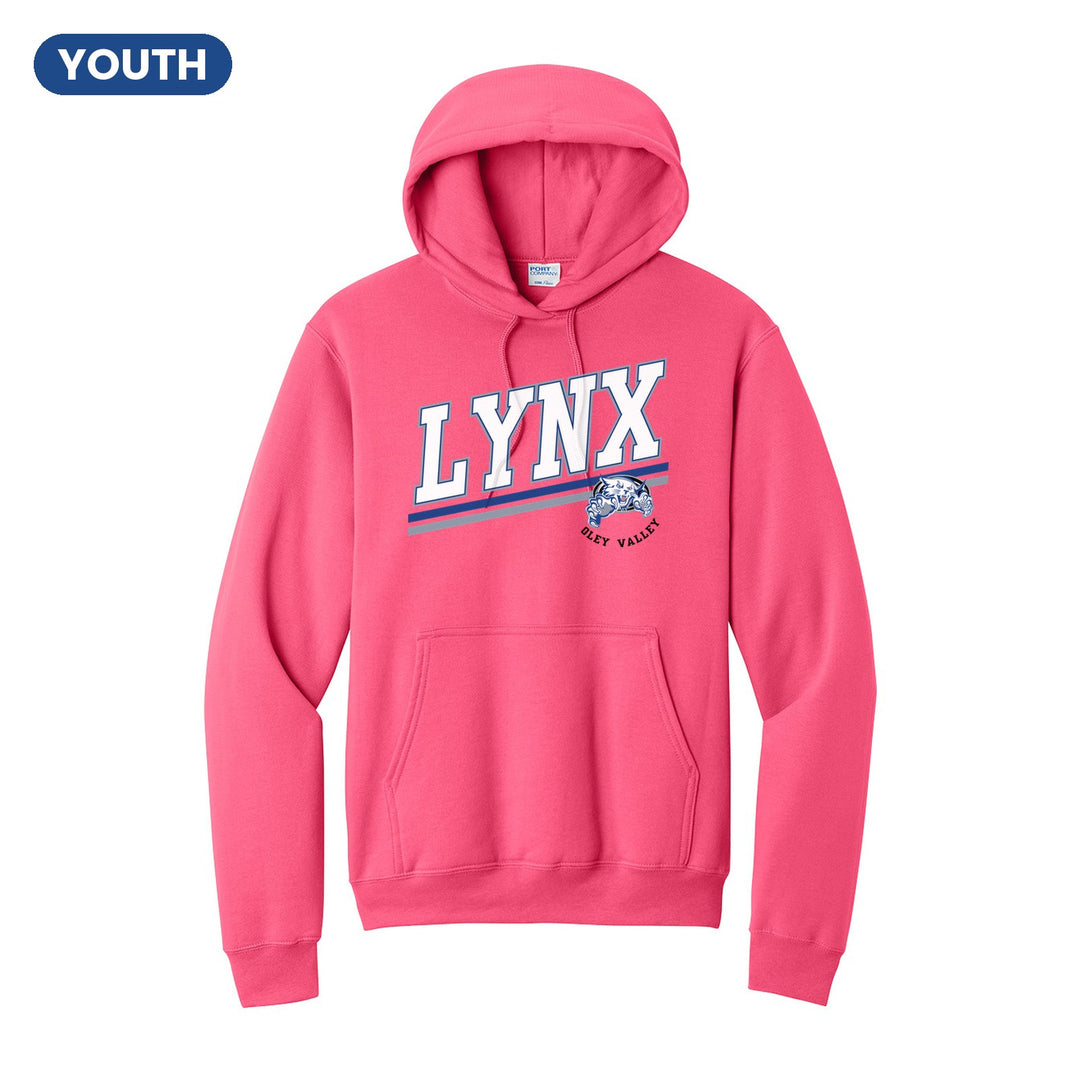Oley Valley Lynx Slanted Stripe youth hoodie in Neon Pink: bold varsity LYNX lettering over a slanted double stripe, with a small lynx mascot badge and Oley Valley