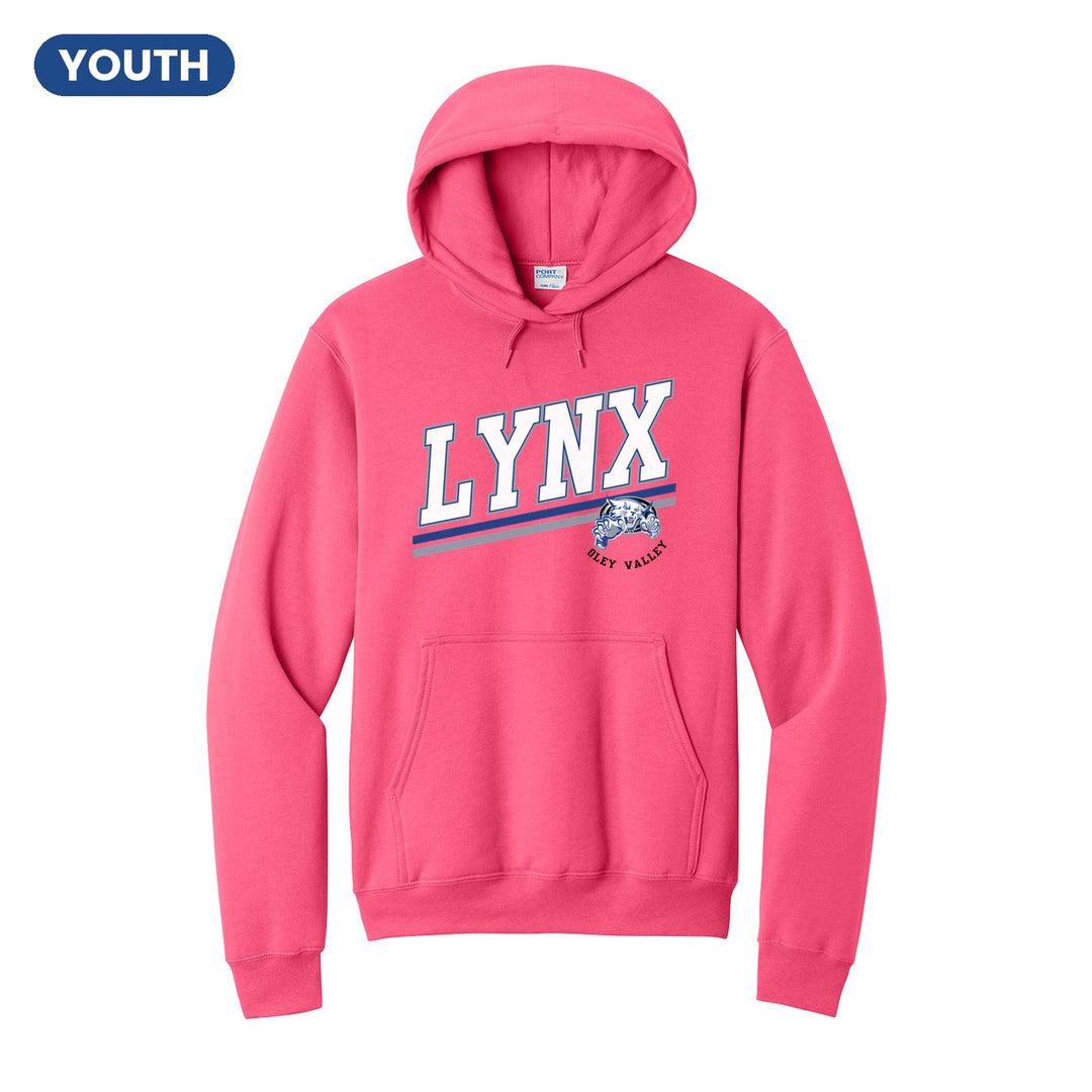 Oley Valley Lynx Slanted Stripe youth hoodie in Neon Pink: bold varsity LYNX lettering over a slanted double stripe, with a small lynx mascot badge and Oley Valley
