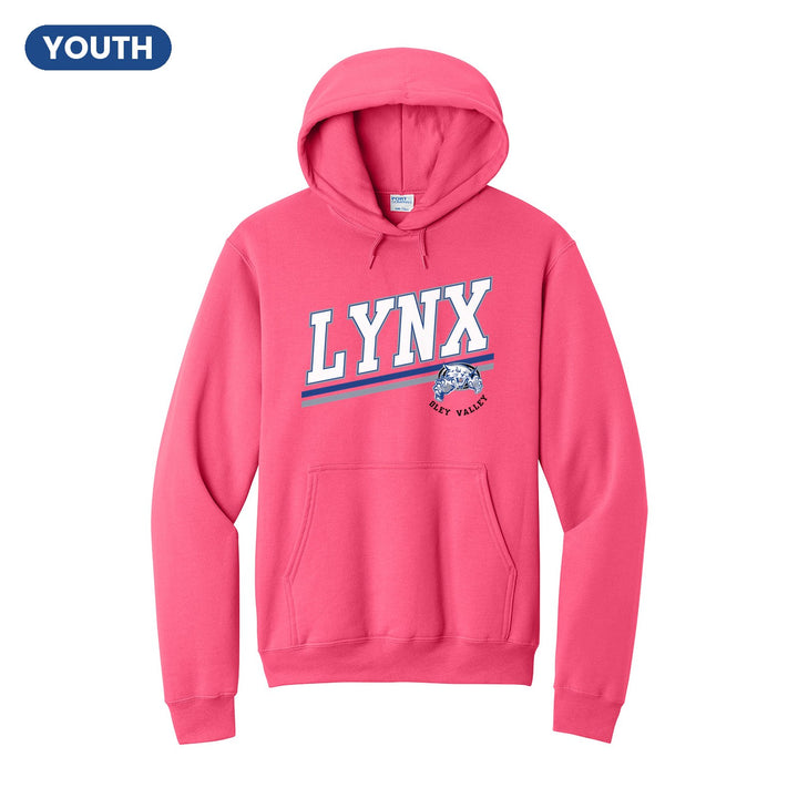 Oley Valley Lynx Slanted Stripe youth hoodie in Neon Pink: bold varsity LYNX lettering over a slanted double stripe, with a small lynx mascot badge and Oley Valley