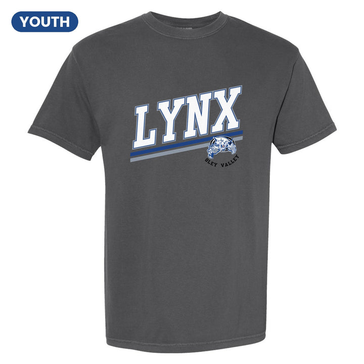 Oley Valley Lynx Slanted Stripe youth comfort colors t-shirt in Pepper: bold varsity LYNX lettering over a slanted double stripe, with a small lynx mascot badge and Oley Valley