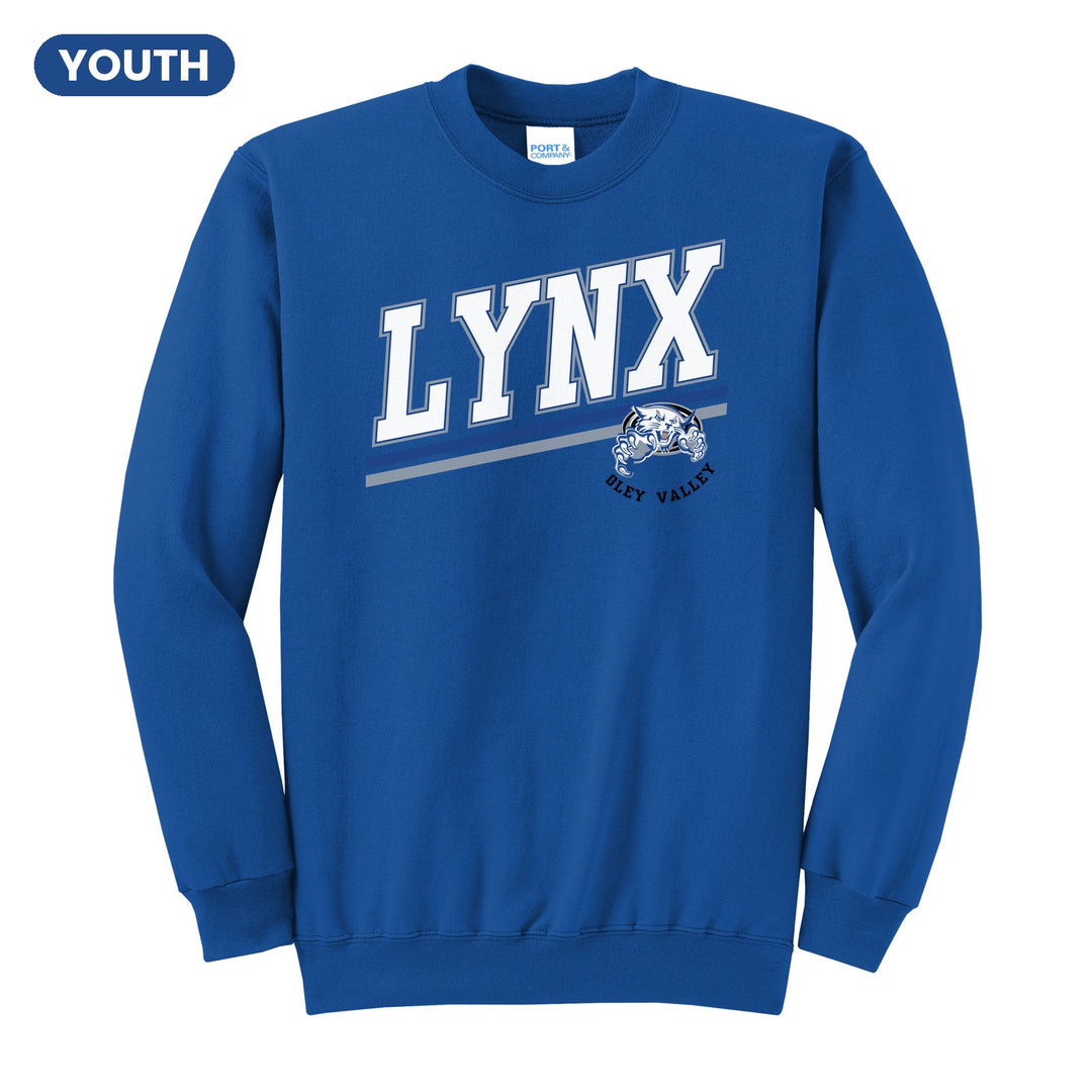 Oley Valley Lynx Slanted Stripe youth crewneck sweatshirt in Royal: bold varsity LYNX lettering over a slanted double stripe, with a small lynx mascot badge and Oley Valley