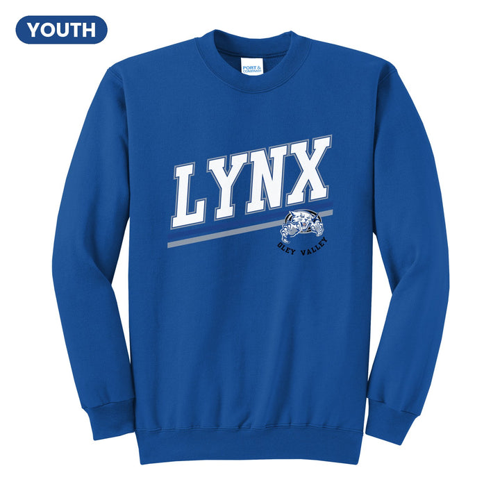 Oley Valley Lynx Slanted Stripe youth crewneck sweatshirt in Royal: bold varsity LYNX lettering over a slanted double stripe, with a small lynx mascot badge and Oley Valley
