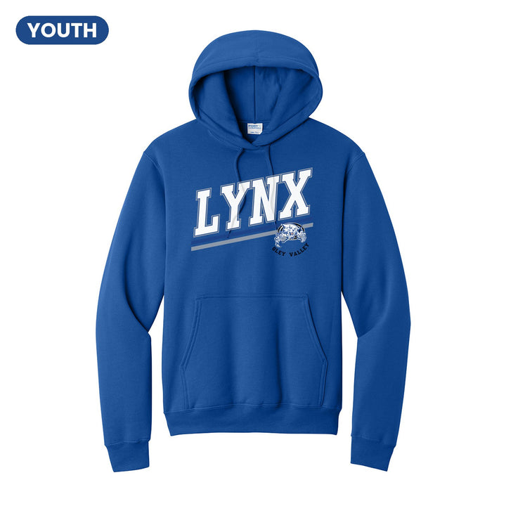 Oley Valley Lynx Slanted Stripe youth hoodie in Royal: bold varsity LYNX lettering over a slanted double stripe, with a small lynx mascot badge and Oley Valley