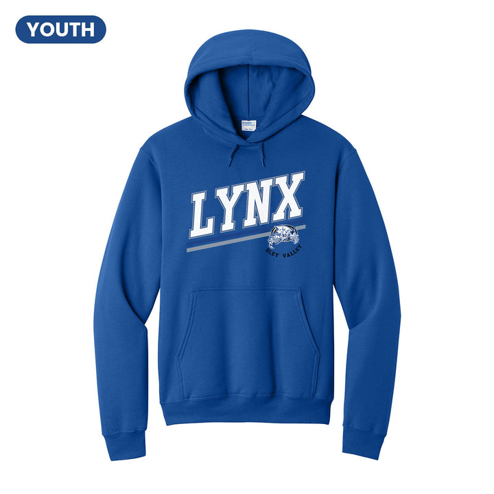 Oley Valley Lynx Slanted Stripe youth hoodie in Royal: bold varsity LYNX lettering over a slanted double stripe, with a small lynx mascot badge and Oley Valley