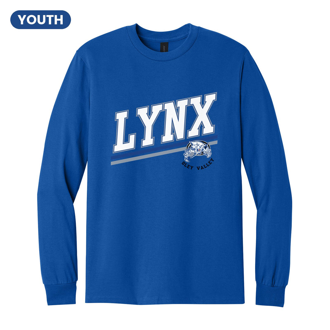 Oley Valley Lynx Slanted Stripe youth long sleeve t-shirt in Royal: bold varsity LYNX lettering over a slanted double stripe, with a small lynx mascot badge and Oley Valley