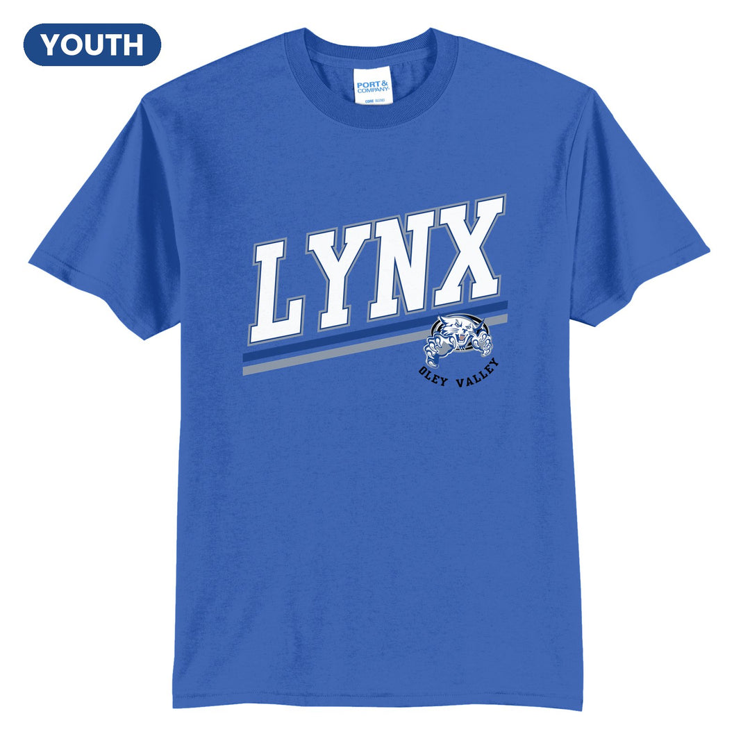 Oley Valley Lynx Slanted Stripe youth t-shirt in Royal: bold varsity LYNX lettering over a slanted double stripe, with a small lynx mascot badge and Oley Valley