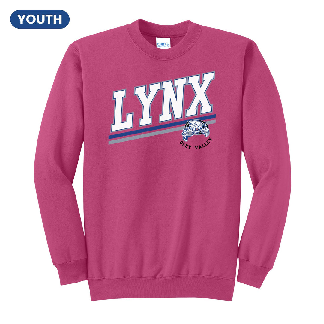 Oley Valley Lynx Slanted Stripe youth crewneck sweatshirt in Sangria: bold varsity LYNX lettering over a slanted double stripe, with a small lynx mascot badge and Oley Valley