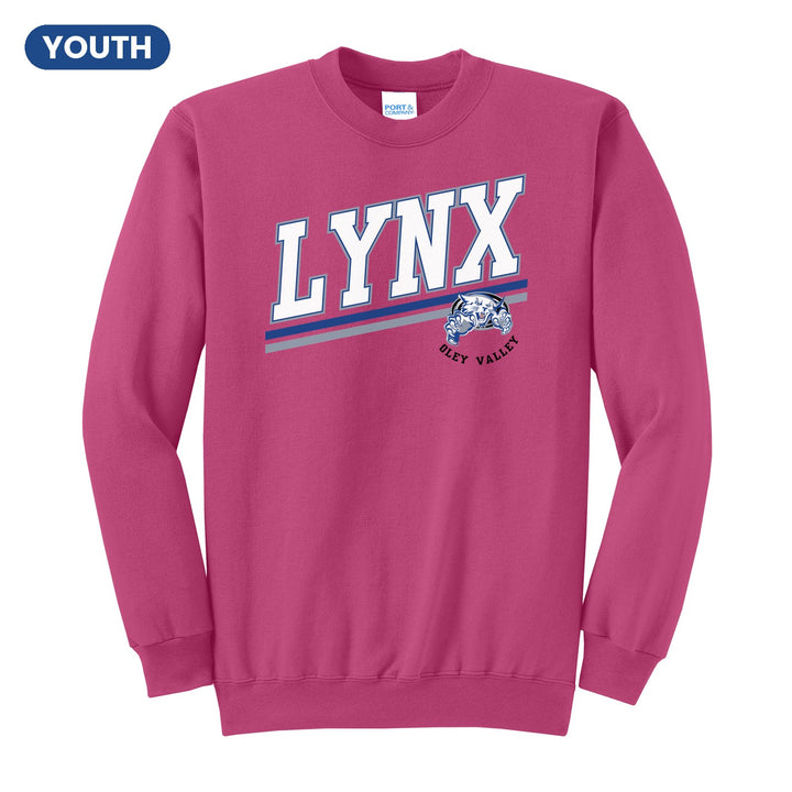 Oley Valley Lynx Slanted Stripe youth crewneck sweatshirt in Sangria: bold varsity LYNX lettering over a slanted double stripe, with a small lynx mascot badge and Oley Valley