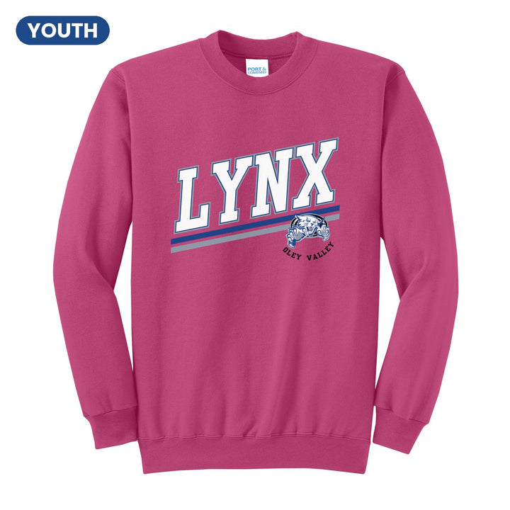 Oley Valley Lynx Slanted Stripe youth crewneck sweatshirt in Sangria: bold varsity LYNX lettering over a slanted double stripe, with a small lynx mascot badge and Oley Valley