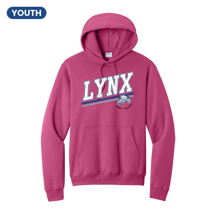 Oley Valley Lynx Slanted Stripe youth hoodie in Sangria: bold varsity LYNX lettering over a slanted double stripe, with a small lynx mascot badge and Oley Valley
