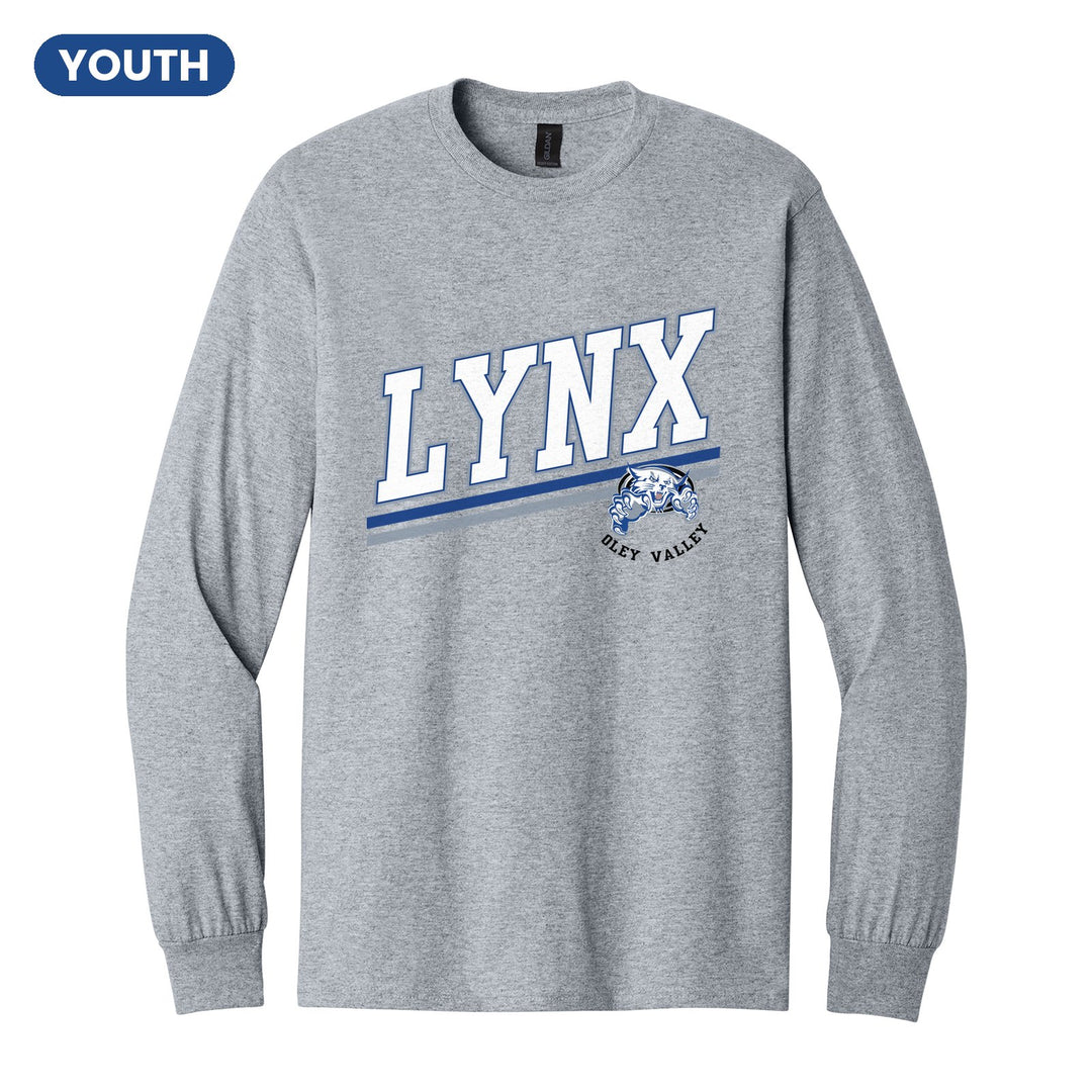 Oley Valley Lynx Slanted Stripe youth long sleeve t-shirt in Sport Grey: bold varsity LYNX lettering over a slanted double stripe, with a small lynx mascot badge and Oley Valley