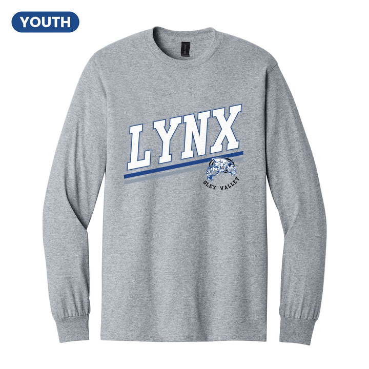 Oley Valley Lynx Slanted Stripe youth long sleeve t-shirt in Sport Grey: bold varsity LYNX lettering over a slanted double stripe, with a small lynx mascot badge and Oley Valley