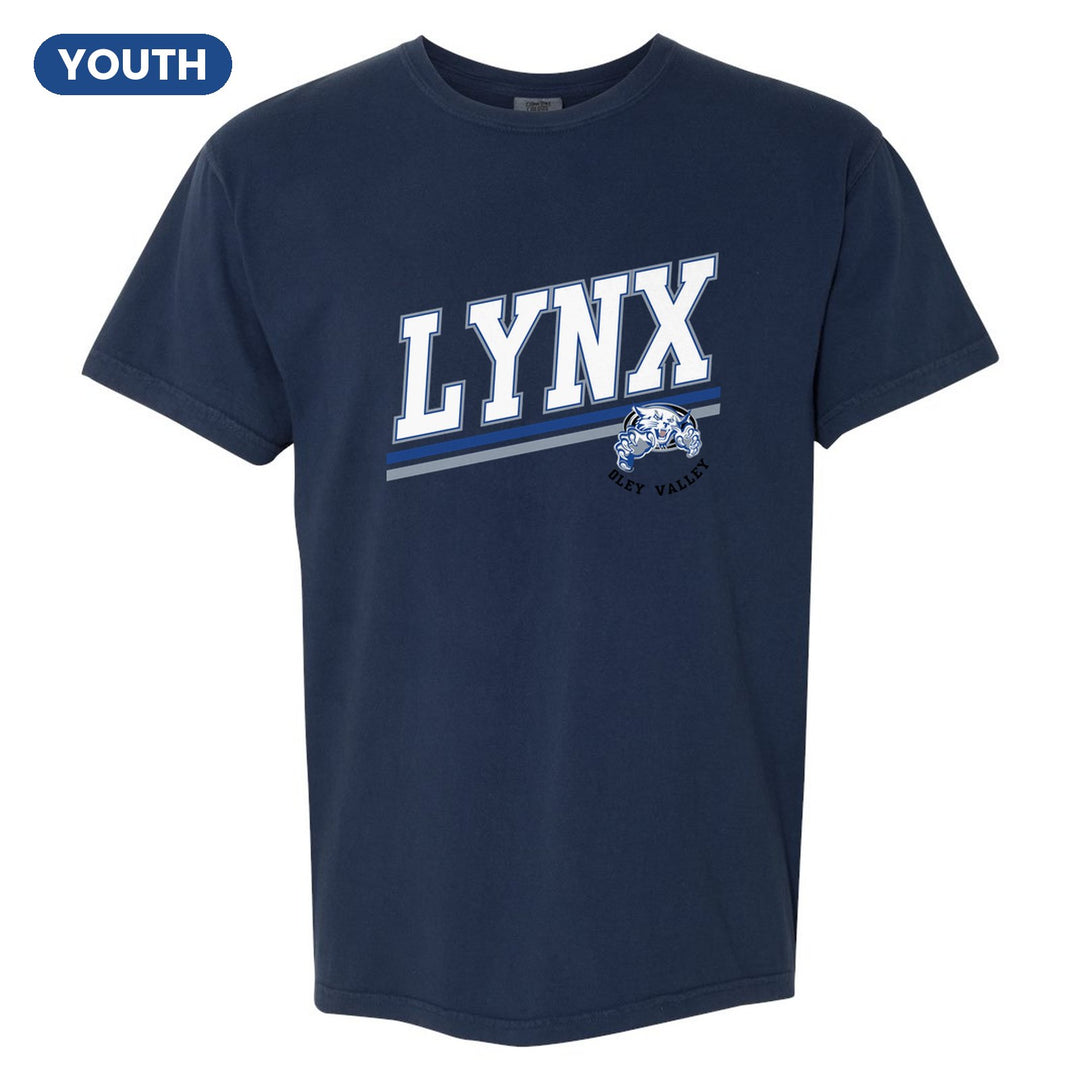 Oley Valley Lynx Slanted Stripe youth comfort colors t-shirt in True Navy: bold varsity LYNX lettering over a slanted double stripe, with a small lynx mascot badge and Oley Valley