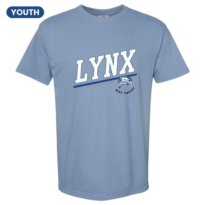 Oley Valley Lynx Slanted Stripe youth comfort colors t-shirt in Washed Denim: bold varsity LYNX lettering over a slanted double stripe, with a small lynx mascot badge and Oley Valley