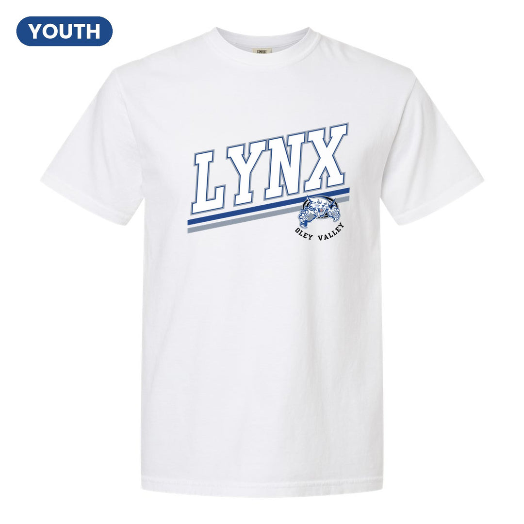 Oley Valley Lynx Slanted Stripe youth comfort colors t-shirt in White: bold varsity LYNX lettering over a slanted double stripe, with a small lynx mascot badge and Oley Valley