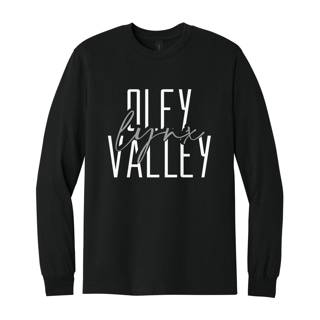 Oley Valley Lynx Tall Type Script long sleeve t-shirt in Black: tall OLEY VALLEY lettering with Lynx in flowing script across the middle