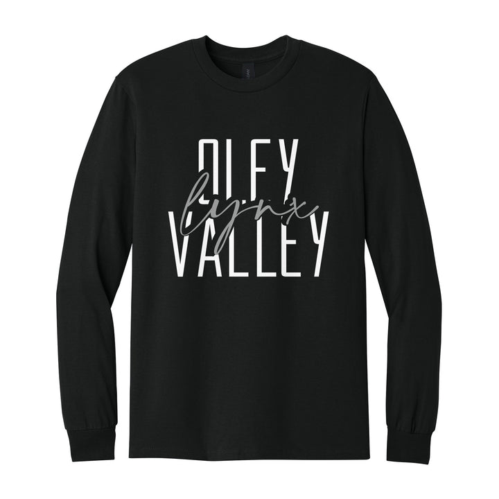Oley Valley Lynx Tall Type Script long sleeve t-shirt in Black: tall OLEY VALLEY lettering with Lynx in flowing script across the middle