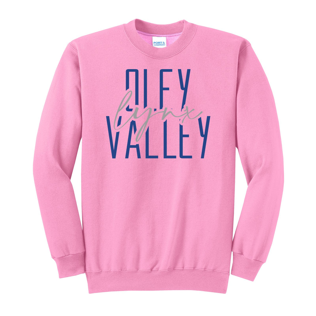 Oley Valley Lynx Tall Type Script crewneck sweatshirt in Candy Pink: tall OLEY VALLEY lettering with Lynx in flowing script across the middle