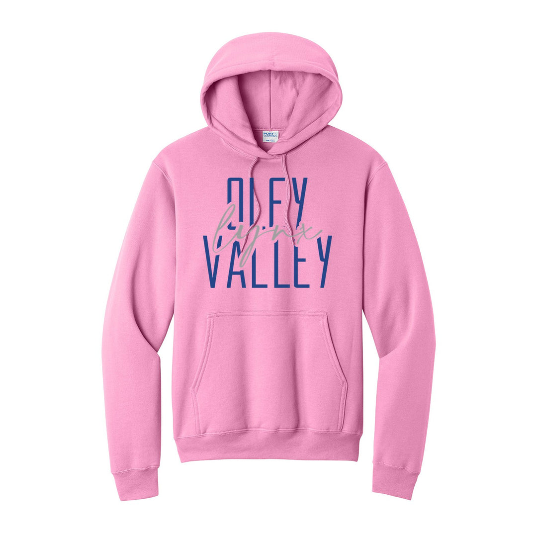 Oley Valley Lynx Tall Type Script hoodie in Candy Pink: tall OLEY VALLEY lettering with Lynx in flowing script across the middle