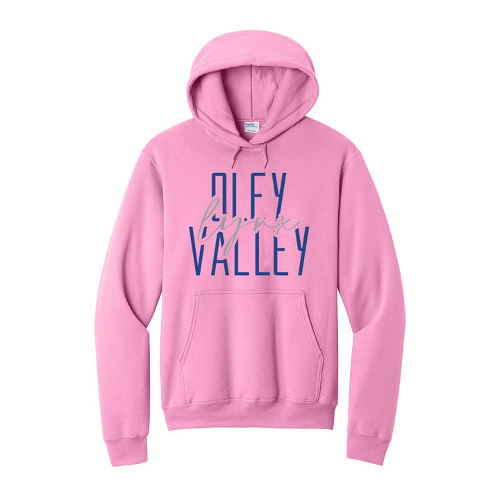 Oley Valley Lynx Tall Type Script hoodie in Candy Pink: tall OLEY VALLEY lettering with Lynx in flowing script across the middle