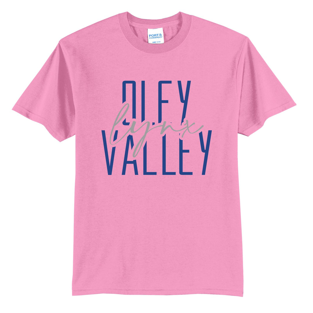 Oley Valley Lynx Tall Type Script t-shirt in Candy Pink: tall OLEY VALLEY lettering with Lynx in flowing script across the middle