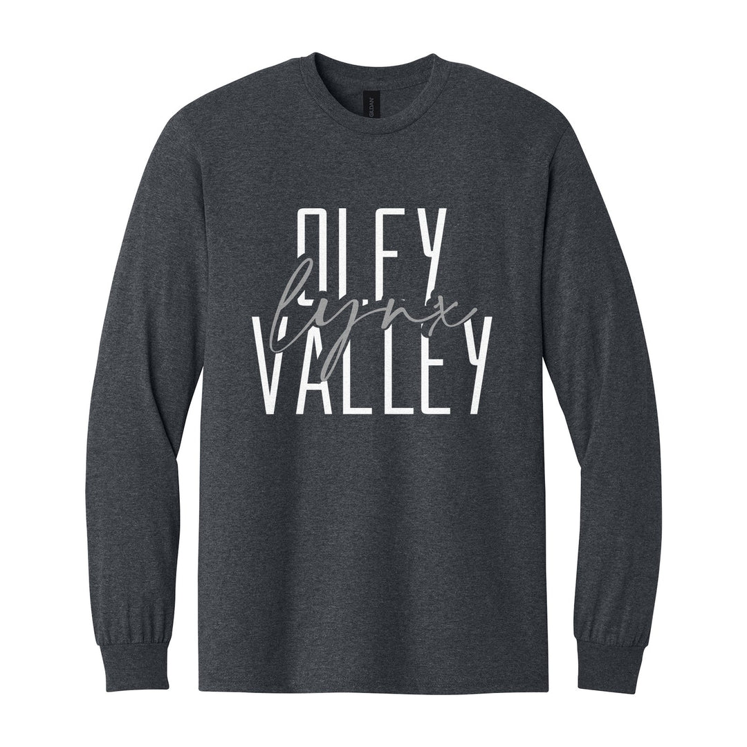 Oley Valley Lynx Tall Type Script long sleeve t-shirt in Dark Heather: tall OLEY VALLEY lettering with Lynx in flowing script across the middle