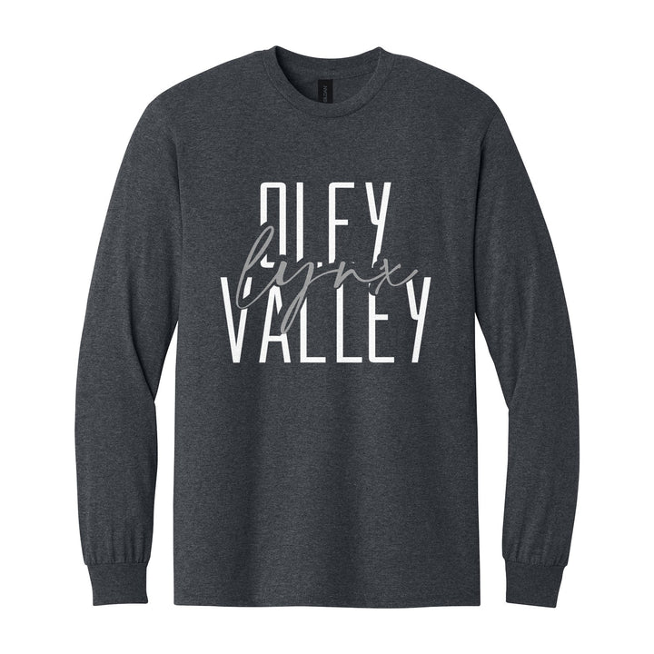Oley Valley Lynx Tall Type Script long sleeve t-shirt in Dark Heather: tall OLEY VALLEY lettering with Lynx in flowing script across the middle