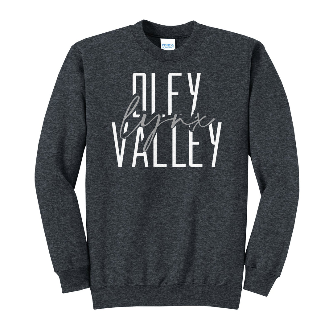 Oley Valley Lynx Tall Type Script crewneck sweatshirt in Dark Heather Grey: tall OLEY VALLEY lettering with Lynx in flowing script across the middle
