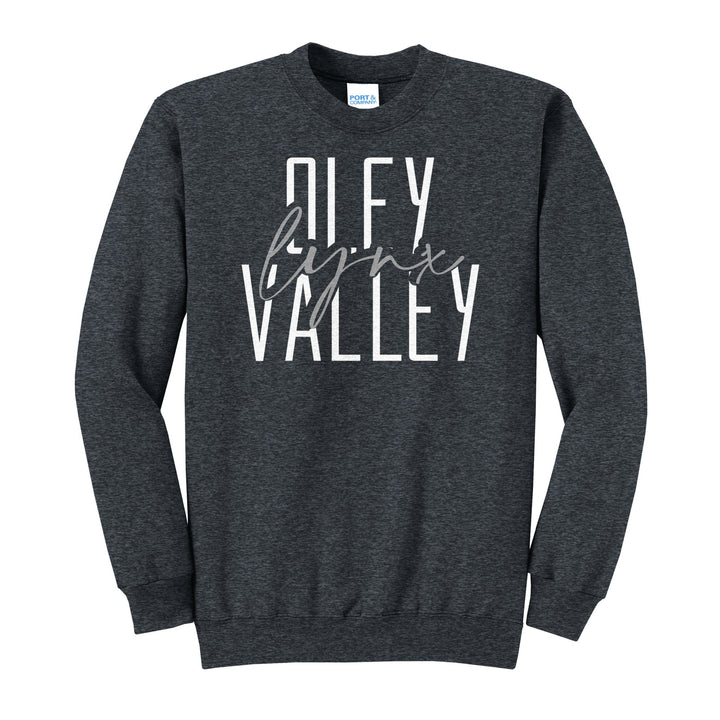 Oley Valley Lynx Tall Type Script crewneck sweatshirt in Dark Heather Grey: tall OLEY VALLEY lettering with Lynx in flowing script across the middle