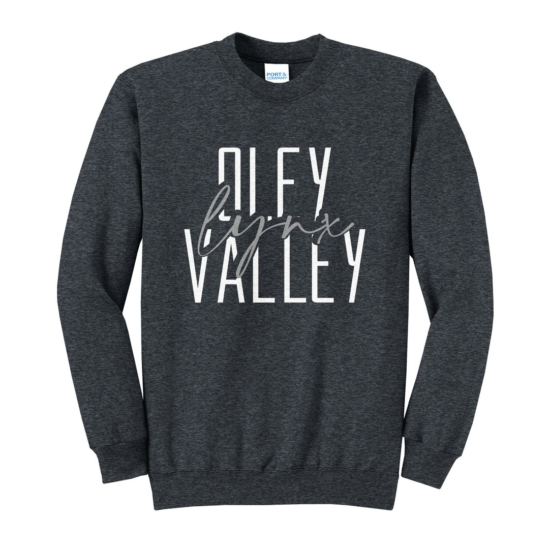 Oley Valley Lynx Tall Type Script crewneck sweatshirt in Dark Heather Grey: tall OLEY VALLEY lettering with Lynx in flowing script across the middle