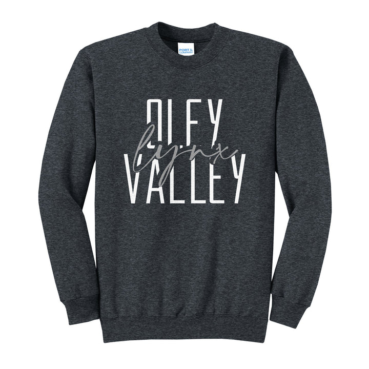 Oley Valley Lynx Tall Type Script crewneck sweatshirt in Dark Heather Grey: tall OLEY VALLEY lettering with Lynx in flowing script across the middle