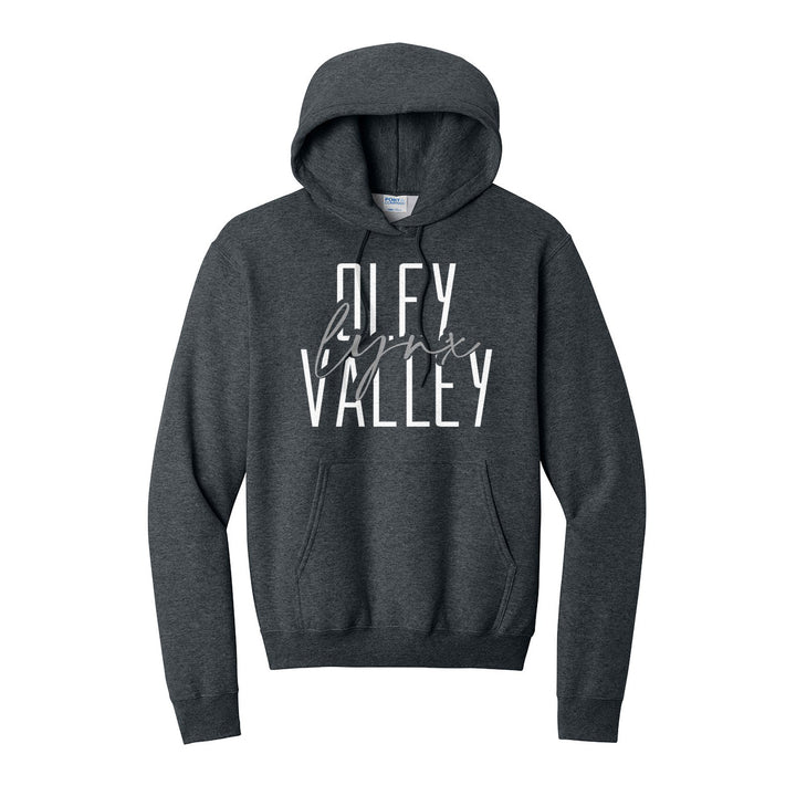 Oley Valley Lynx Tall Type Script hoodie in Dark Heather Grey: tall OLEY VALLEY lettering with Lynx in flowing script across the middle
